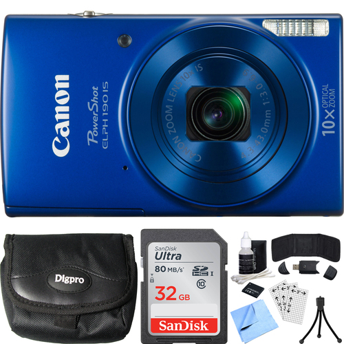 Canon PowerShot ELPH 190 IS Blue Digital Camera + 10x Optical Zoom 32GB Card Bundle