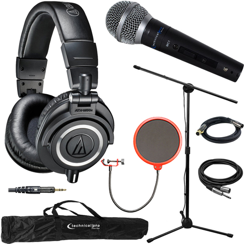 Audio-Technica ATH-M50X Professional Studio Headphones Black & Technical Pro Microphone Bundle