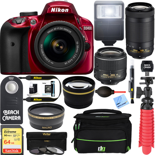 Nikon D3400 DSLR Camera w/ AF-P DX 18-55mm & 70-300mm VR Lens Accessory Bundle (Red)