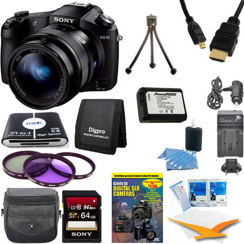 Sony Cyber-shot DSC-RX10 Digital Camera 64 GB SDHC Card, Battery, and Tripod Bundle