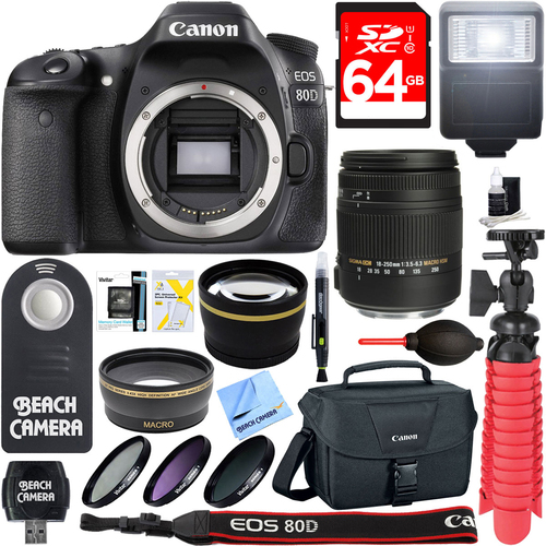 Canon EOS 80D 24.2 MP Digital SLR Camera Body + Sigma 18-250mm Lens Memory & Flash Kit