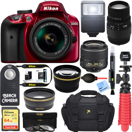 Nikon D3400 DSLR Red Camera + AF-P DX 18-55mm+ 70-300mm SLD DG Lens Accessory Bundle