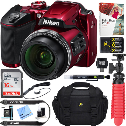 Nikon COOLPIX B500 16MP 40x Optical Zoom Wi-Fi Digital Camera (Red) + 16GB Bundle