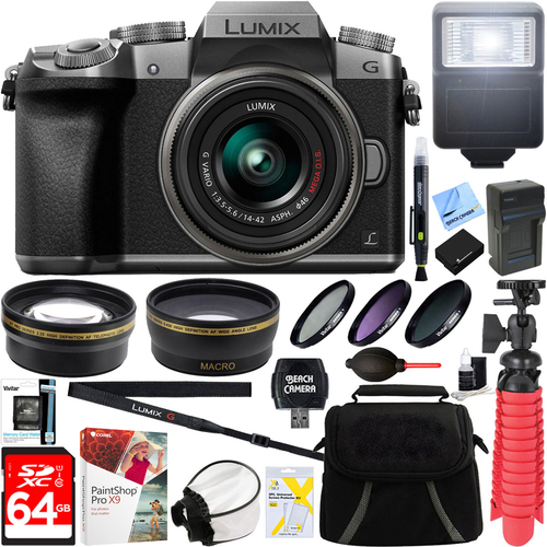 Panasonic LUMIX G7 Interchangeable Lens 4K Silver DSLM Camera 14-42mm Lens + 64GB Bundle
