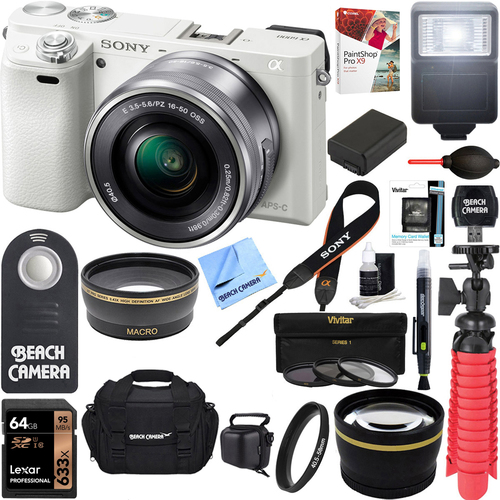 Sony Alpha a6000 24.3MP White Mirrorless Camera 16-50mm Zoom Lens 64GB Accessory Kit