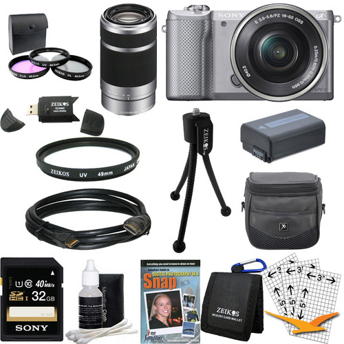 Sony a5000 Compact Interchangeable Lens Camera Silver 16-50mm & 55-210mm Lens Bundle