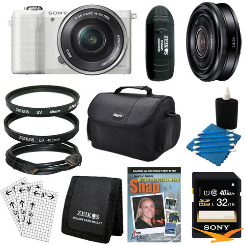 Sony a5000 Compact Interchangeable Lens Camera White 16-50mm & 20mm F2.8 Lens Bundle