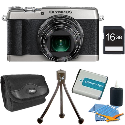 Olympus SH-1 16MP HD 1080p 24x Opt Zoom Digital Camera Silver 16 GB Kit
