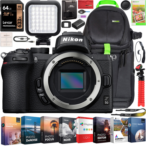 Nikon Z50 Mirrorless Camera Body Only DX-Format 4K UHD Backpack LED Pro Bundle 