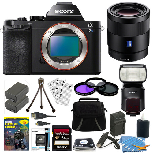Sony ILCE-7S/B a7S Full Frame Camera, 55mm Lens, 64GB Card, 2 Batteries, Flash Bundle