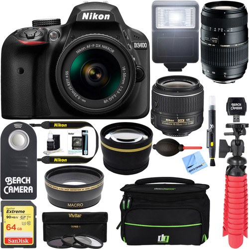 Nikon D3400 DSLR Black Camera + AF-P DX 18-55mm+ 70-300mm f/4-5.6 DI LD Macro Bundle