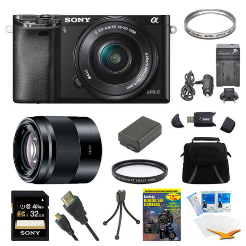 Sony Alpha a6000 Black Camera with 16-50mm Lens, 50mm Lens, and 32GB Card Bundle