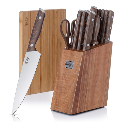 16 Piece Kitchen Knife Set with Wedge Handles, Shears, Block, and Cutting Board