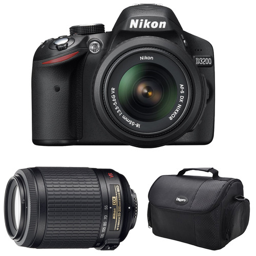 Nikon D3200 DX format Digital SLR 24.2 MP 18-55mm & 55-200mm VR II Lens Bag Kit