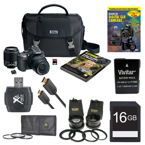 Nikon D5200 24.1MP DSLR Camera Kit w/ 18-55mm & 55-200mm Black 4 lens Ultra pack