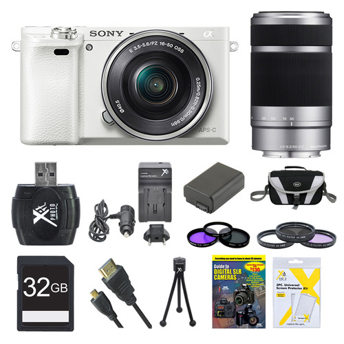 Sony Alpha a6000 White Camera with 16-50mm and Silver SEL 55-210 Lenses 32GB Kit