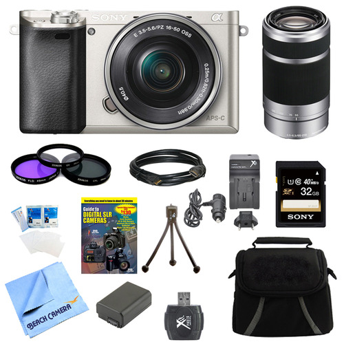 Sony Alpha a6000 24.3MP Silver Interchangeable Lens Camera w/ 16-50mm, 55-210mm, 32GB