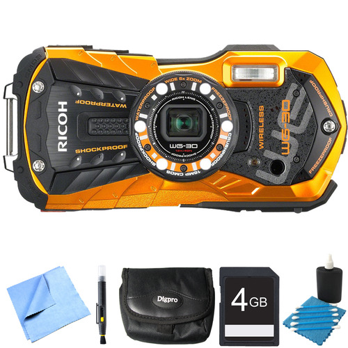 Ricoh WG-30W Digital Camera with 2.7-Inch LCD Flame Orange 4GB Bundle