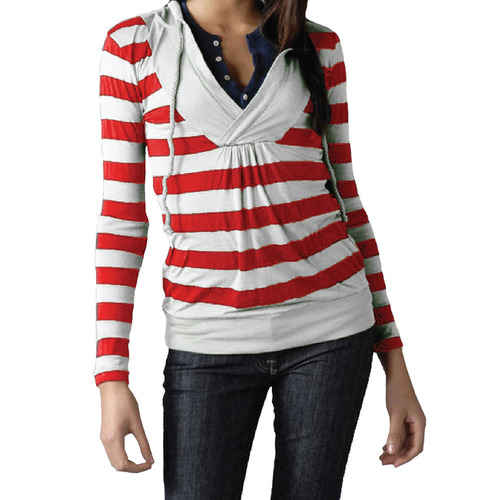 Twili Nautical Stripe Lightweight Hoodie with Pull String - Red/White (Size: Large)