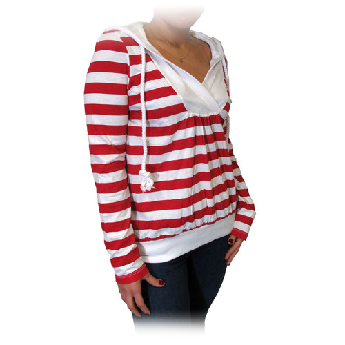 Twili Nautical Stripe Lightweight Hoodie with Pull String - Red/White (Size: Medium)