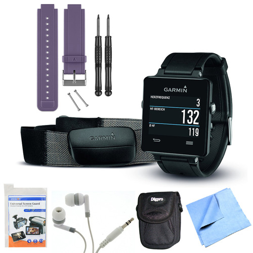 Garmin vivoactive GPS Smartwatch Black with Heart Rate Monitor Purple Band Bundle