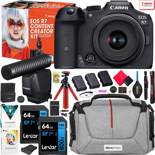 Canon EOS R7 Mirrorless Camera Content Creator Kit + 18-45mm Lens + Mic +Travel Bundle
