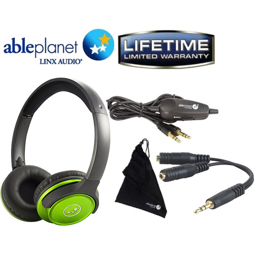 Able Planet 2 Green Stereo Headphones with LINX Audio and Belkin Splitter