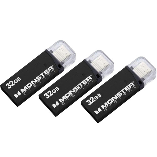 Monster Digital 32GB OTG USB 3.0 Super Speed Mobile Drive (Metallic Black) 3-Pack Bundle