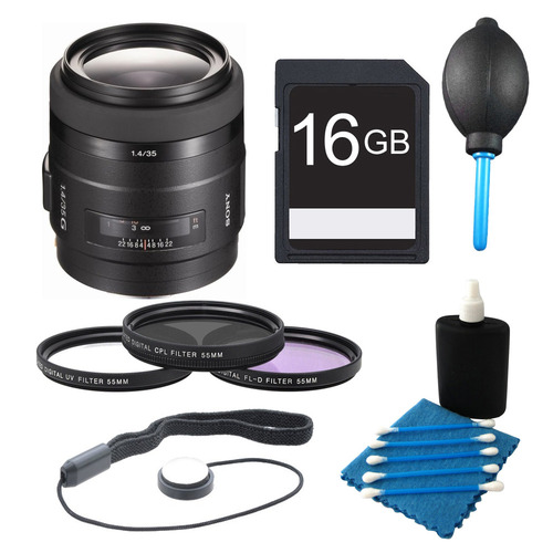 Sony G Series Wide Angle 35mm f/1.4 G Lens for Sony Alpha 16GB Card and Filter Bundle