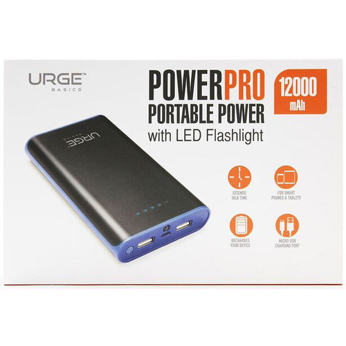 Urge Basics PowerPro 12,000mAh Universal Dual Port Backup Battery Charger, Black/Blue
