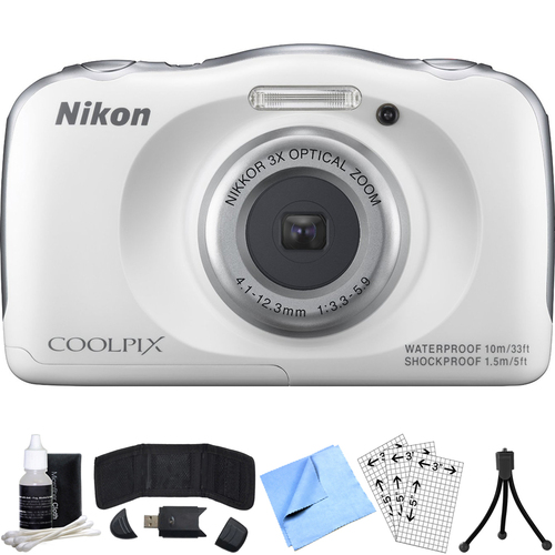 Nikon COOLPIX S33 13.2MP Waterproof Digital Camera (White) Refurbished Bundle