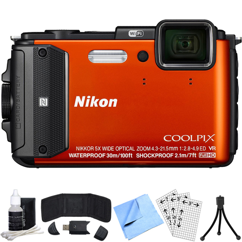 Nikon COOLPIX AW130 16MP Waterproof Digital Camera w/Wi-Fi (Orange) Refurbished Bundle