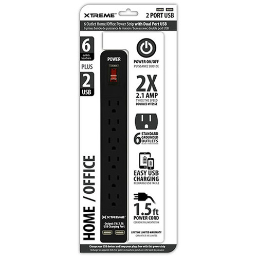Xtreme 6 Outlet Home and Office Power Strip with Dual USB Ports (Black) 28631
