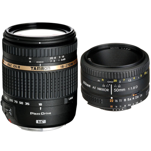 Tamron 18-270mm f/3.5-6.3 Di II VC PZD IF Lens w/ 50mm f/1.8 D AF FS-52 Lens for Nikon
