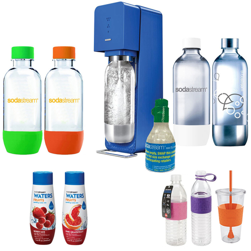 SodaStream Source Soda Maker(Metal) in Blue with Exclusive Kit w/ 4 Bottles & Starter CO2