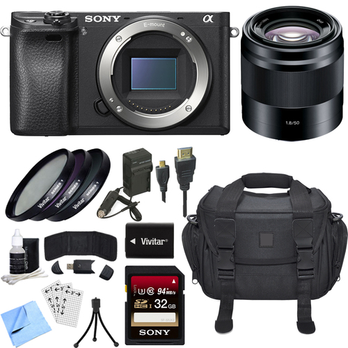 Sony ILCE-6300 a6300 4K Mirrorless Camera Body w/ APS-C Sensor 50mm Prime Lens Bundle
