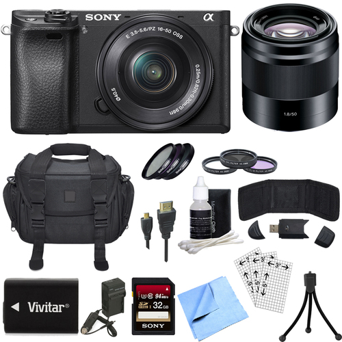 Sony ILCE-6300 a6300 4K Mirrorless Camera w/ 16-50mm Zoom + 50mm Prime Lens Bundle