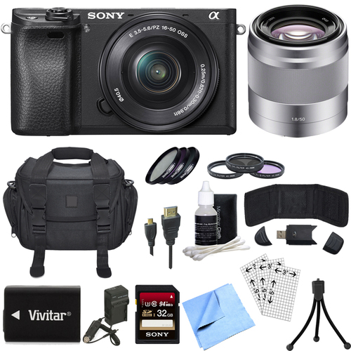 Sony ILCE-6300 a6300 4K Mirrorless Camera w/16-50mm Zoom + 50mm Telephoto Lens Bundle