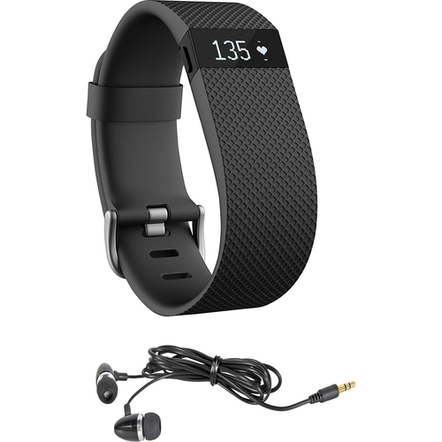 Fitbit Charge HR Wireless Activity Wristband, Black, Large + Earbuds