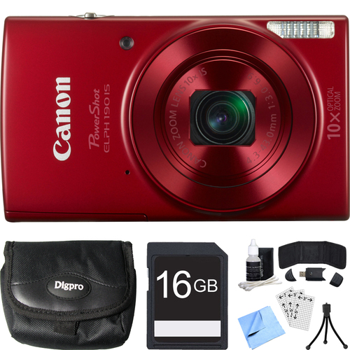 Canon PowerShot ELPH 190 IS Red Digital Camera w/ 10x Optical Zoom 16GB Card Bundle