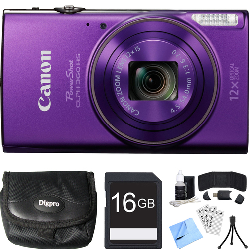 Canon PowerShot ELPH 360 HS Purple Digital Camera w/ 12x Optical Zoom 16GB Card Bundle