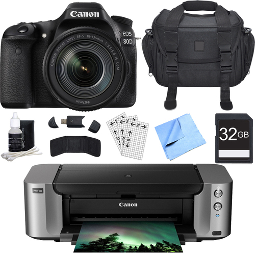 Canon EOS 80D CMOS DSLR Camera w/ EF-S 18-135mm Lens + PIXMA PRO-100 Printer Bundle