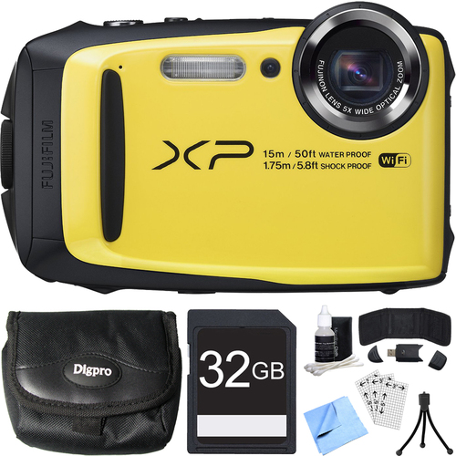 Fujifilm FinePix XP90 16 MP Waterproof Digital Camera Yellow 32GB SDHC Card Bundle