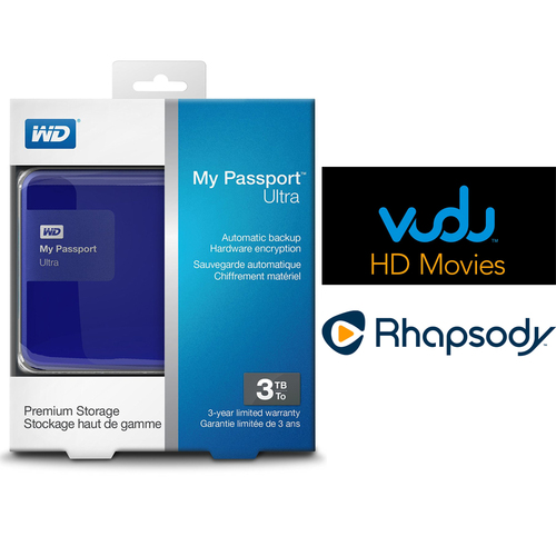 Western Digital My Passport Ultra 3 TB Portable External HD Blue + $30 Vudu & 3 Months Rhapsody