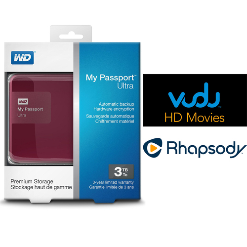 Western Digital My Passport Ultra 3 TB Portable External HD Berry + $30 Vudu & 3 Months Rhapsody