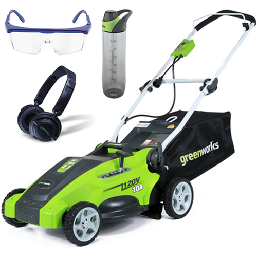 Greenworks 10 Amp 16` Corded Lawn Mower w/ HP23 Headphones, 24oz Bottle & Safety Glasses