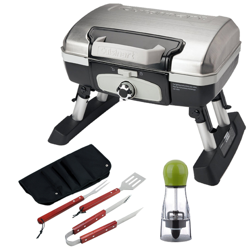 Cuisinart Petit Gourmet Portable Tabletop Gas Grill, Stainless Steel with BBQ Bundle