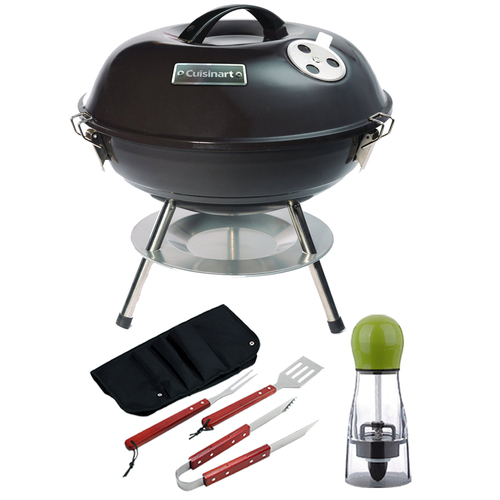 Cuisinart Portable Charcoal Grill, 14` Black with Carteret BBQ Apron tool & Spice Mill