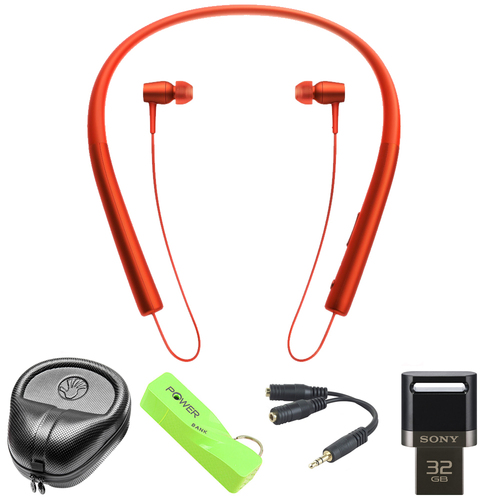 Sony Wireless In-ear Bluetooth Headphones w/ NFC - Red w/ 32 GB Flash Drive Bundle