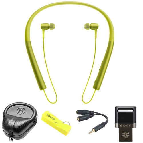 Sony Wireless In-ear Bluetooth Headphones w/ NFC - Yellow w/ 32 GB Flash Drive Bundle